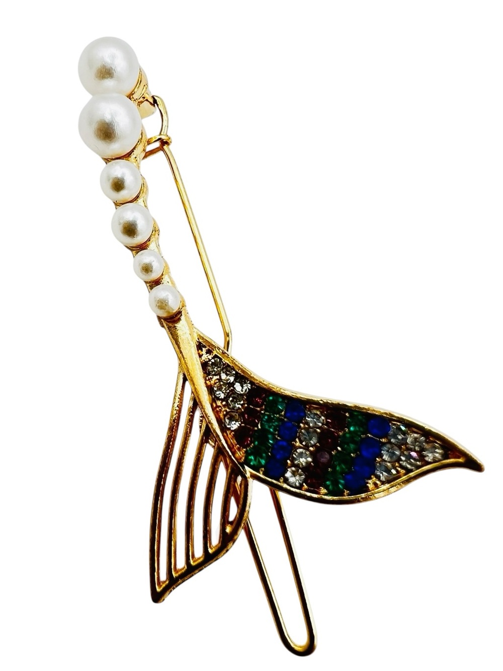 Pearl Rhinestone Whale Tail Metal Hair Barrette New